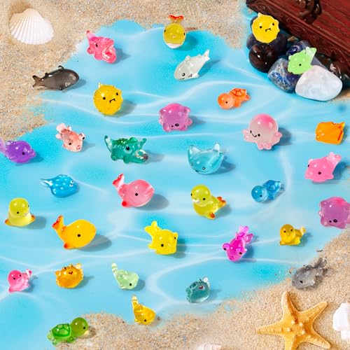 FEXIA 50 Pcs Ocean Mini Resin Animals Tiny Aquariums Decor Glow in The Dark Resin Figures Luminous for Garden Landscape Sea Decor DIY - color: Ocean Animals-50pcs