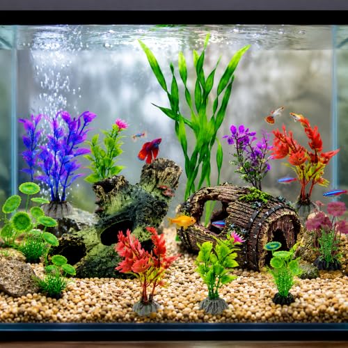 Aquarium Decorations Set, Fish Tank Decor with Artificial Plants and Resin Ornaments, Betta Fish Tank Accessories for Small Tanks, Soft Safe Plastic Plants with Hideout Cave Décor(Ornaments set #2)