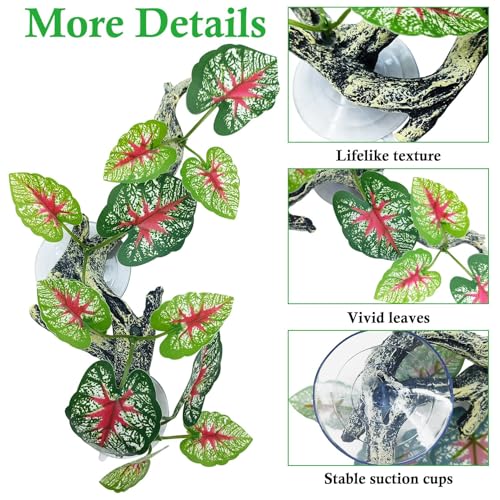 kathson 2 PCS Reptile Corner Branch Resin Snake Climbing Accessories with Leaves Terrarium Plant Decoration with Suction Cup Lizard Plant Ornament for Frog Bearded Dragon Gecko Spider Climbing - color: Green With Red