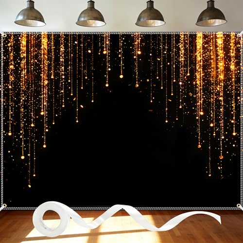 Black and Golden Backdrop 7x5ft Polyester Glitter Backdrop Masquerade Decorations Vintage Photo Booth for Family Birthday Party Photo Studio with Ribbon - color: Black and Golden Backdrop, size: 7×5 ft