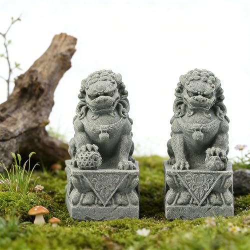 livelyfish Asian Fu Foo Dogs Statues Mini Pair of Two Guardian Lion Sandstone Figurine Pets Fish Tank Aquarium Landscape Ornaments Accessories Feng Shui Decorations (M2) - size: M2