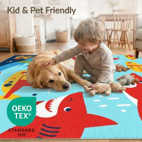 9'x12' Washable Modern Fish Oversized Rug, Yellow Non-Shedding Pet Friendly Carpet for Master Suite, California King, Under Bed, Foldable Easy Care Mat | Ref:2070041 - color: Blue/Pattern 18, size: 9' x 12' (Rectangular)
