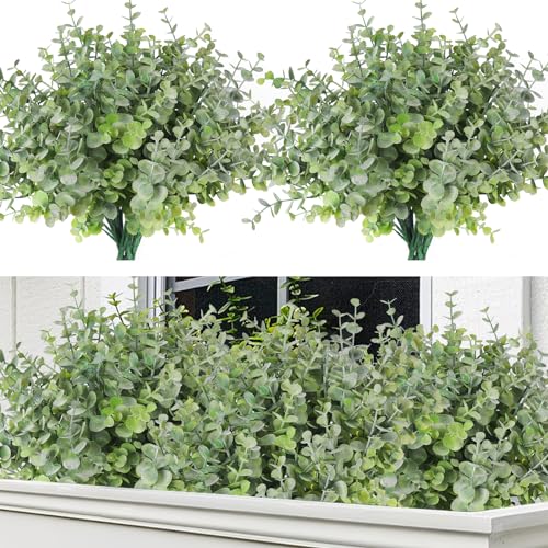 RECUTMS 8 Bundles Artificial Greenery Plants Stems Outdoor Fake Eucalyptus Plants Boxwood Bushes for Summer Spring Farmhouse Office Vase Centerpiece Indoor Graduation Wedding Decoration(Dusty Green)