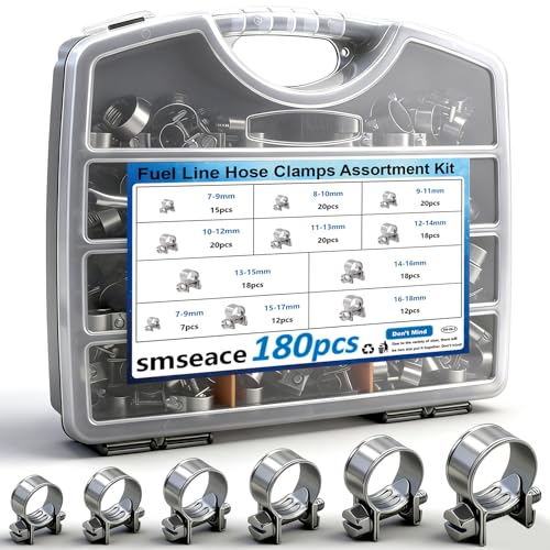smseace 180Pcs Fuel Line Clamps 10-Sizes 7-18mm Fuel Injection Hose Clamps Pack in handheld Box Zinc Plated High Pressure Hose Clamps For Diesel/Petrol Pipe in Automotive,Marine,Truck - size: 180Pcs 7-18mm