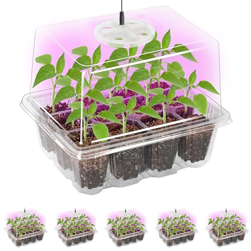 Bonviee 5 Packs Seed Starter Tray with Grow Light, Elevated Seedling Starter Trays Kits with Adjustable Humidity Domes and Clear Cell Tray, 12 Full Spectrum led lamp Beads for Plants Indoor-Clear - color: Clear, size: 5 Packs, with light