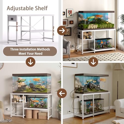 BEURUKU 55-75 Gallon Fish Tank Stand with Power Outlet & LED Light, Metal Aquarium Stand with 3 Tier Adjustable Storage Shelves, Tank Stand for Reptile Tank, Turtle Tank, 52" L*19.5" W, White - color: White, size: 55-75 Gallon