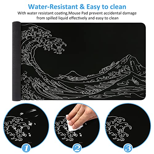 iCasso Mousepad, Gaming Mouse Pad, XXL Large Desk Mat, Big Rubber Base Mouse Mat with Stitched Edges, Computer Keyboard Desk Pad for Work, Game, Office, Home - Black Wave of Kanagawa - color: Black Wave of Kanagawa