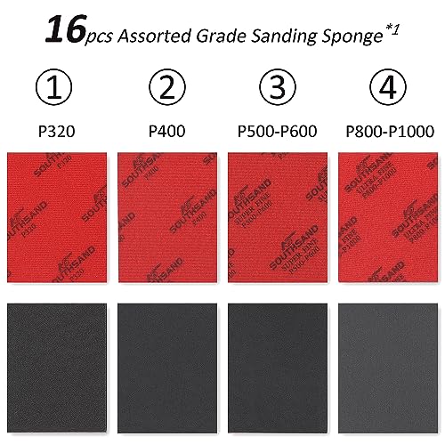 16pcs Sanding Sponge Pads (320-3000) 8 Assorted Grit 3.9 x 3.0 x 0.2 Wet Dry Ultra Fine Hand Sanding Sponges, Flexible Soft Foam Sand Block for Drywall, Model Hobby, Corner Contour, Metal Wood