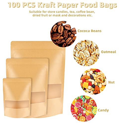 100 Pcs Kraft Stand Up Pouches 7.1 x 10.2 Inch Resealable Zip Lock Food Storage Bags with Matte Window for Packaging - color: 7.1x10.2 Inches