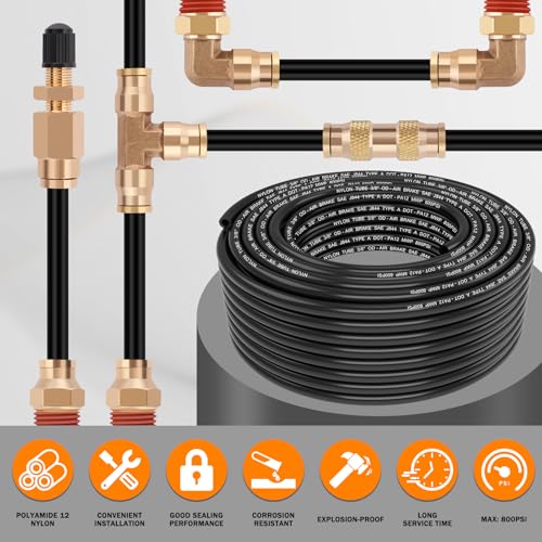 CheeMuii 200 FT 3/8 Pneumatic Tubing 3/8" DOT Air Line SAE J844 PA12 Nylon DOT Air Hose 61 Meter 3/8 Inch OD Pneumatic Air Tubing Pipe Hose Line - color: Black, size: 3/8"OD-200FT
