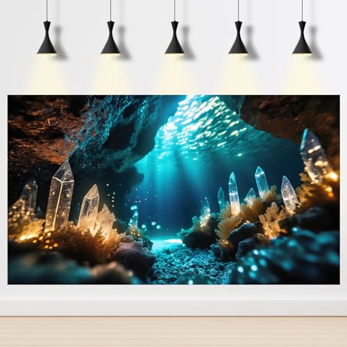Aquarium Background Under Water Cave with Crystal Terrarium Backdrop Cave Style Rock Sunlight Rays Fish Tank Background Reptile Habitat Backdrop Wallpaper Poster Decor Vinyl 24x12in - color: Ice-Blue, size: 24(W)x12(H)inches/ 60(W)*30cm(H)