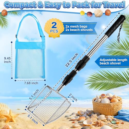 RGQSUN 2 Shark Tooth Sifters with 2 Seashell Bags, Beach Sand Sifter Set with Extendable Handles for Shell Collecting, Sea Glass, Shark Teeth and Small Beach Finds - color: Blue+Pink (2 set)