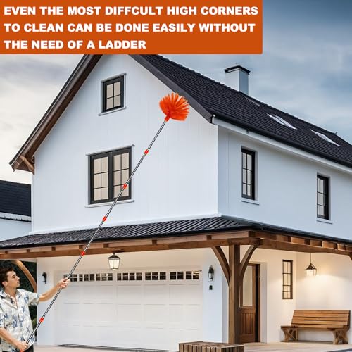 20 Feet High Reach Duster Kit with 2-14 ft Extension Pole, Cobweb & Corner Brush Cleaning Duster Kit for Cleaning, Microfiber Feather Duster Cleaner with Washable Head for Ceiling Fan, Furniture, Home