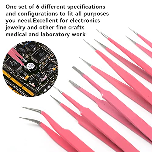 H&W Pink Precision Tweezers 6PCS Set, Upgraded Anti-Static Stainless Steel Curved of Tweezers for Women, for Electronics, Laboratory Work, Jewelry-Making, Craft, with Storage Bag - color: Pink