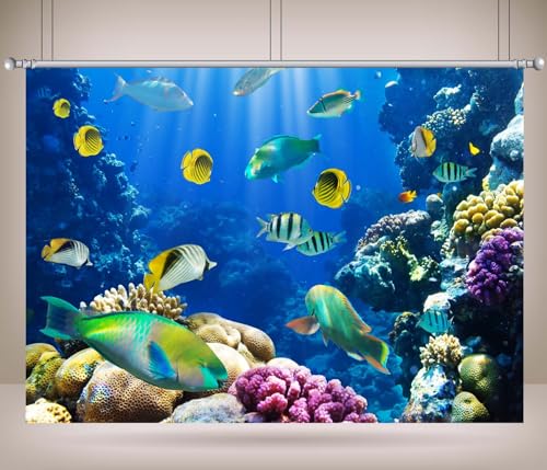 BELECO Fabric 5x4ft Underwater World Backdrop Under The Sea Tropical Fish Coral Reef Blue Deep Sea Aquarium Background Undersea Party Decorations Banner Birthday Photoshoot Studio Props