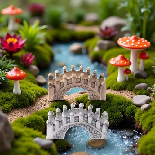 2 Pack Gray and Brown Miniature Stone Arch Bridges, Fairy Garden Ornaments for Dollhouse, Aquarium and DIY Micro Landscape Decor, Garden Bridges