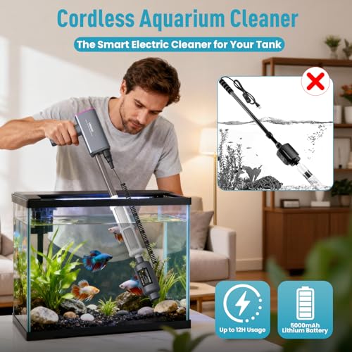 Electric Aquarium Vacuum Gravel Cleaner: Rechargeable Fish Tank Cleaner with 4 Adjustable Suction, Anti-Clog for Debris Clean & Sand Washing,Automatic Water Changer with 12V Safe for Small/Large Tanks