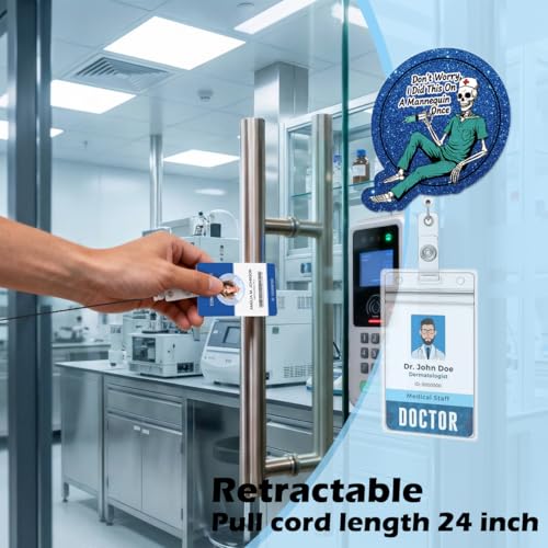 Don't Worry Funny Skeleton Nurse Badge Reel, Cute Radiology X-Ray Tech Retractable ID Badge Holder, Name Tag Clip for RN CT ED ICU ER RAD Night Shift Nurse Radiologist Workers - color: Don’t Worry