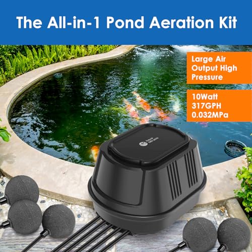 AquaMiracle All-in-One Koi Pond Aerator for Outdoor Ponds, Pond Air Pump with Airline Tubing, Air Stones, Check Valves & Air Filter Pad