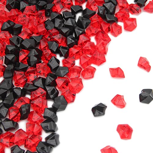 PMLAND Clear Fake Ice Rocks – 550 Pcs Large Acrylic Gems Crushed Plastic Diamonds, Black & Red (3Lbs/2.25 Quarts) – Bulk Vase Filler for Centerpieces Theme Décor Aquarium Table Scatter - color: Red and Black