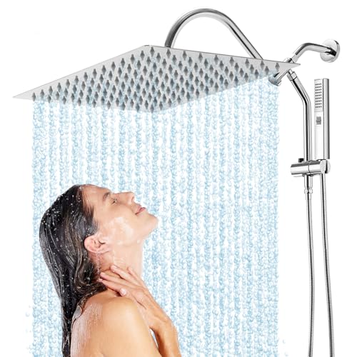 Shower Head, 12" Rain Shower Head with Handheld Spray Combo, High Pressure Rainfall Rectangle Shower Heads with Extension Arm Wide Dual Showerhead with Shower Slide Bar, Bathroom Accessories, Chrome