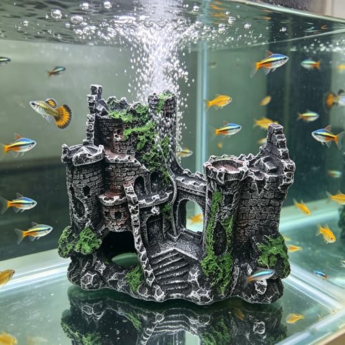 Aquarium Castle Bubbler Decorations, Resin Fish Tank Accessories with Air Bubbler, Fish Tank Cave Hideout for Betta & Small Fish, Aquarium Decor with Air Holes,(Air Pump is Not Include)