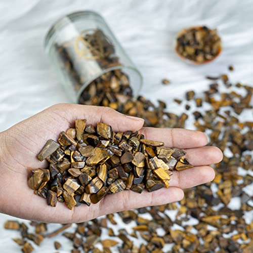 Crocon 1/2 LB Crushed Tiger Eye Chips Bulk Stones 1100+ Carats Natural Quartz Pieces Irregular Shape Gemstones for House Warming Gifts New Home and Chakra Healing Crystals Home Décor Gifts for Women - color: Tiger Eye Chips, size: 1/2 Pound