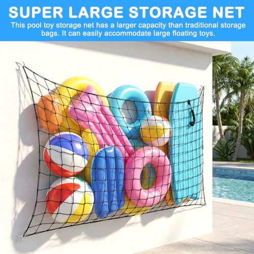 Pool Float Storage Net Extra Large 78.7 x 44.5 in, Hanging Elastic Mesh Fence Organizer with 20 Hooks and 100 Ties, For Rafts Noodles Inflatables and Swim Gear