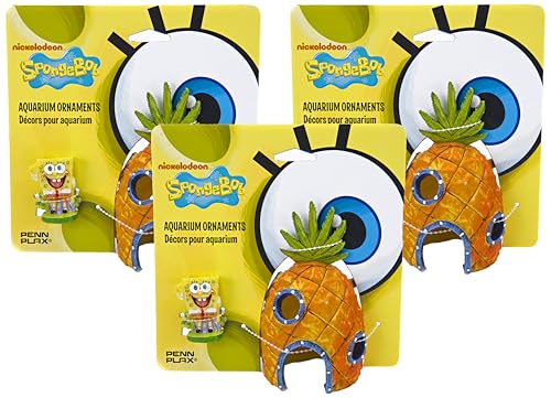 Penn-Plax Spongebob and Pineapple House Aquarium Ornament | 2 Piece Set | Great for Fresh or alt Water Tanks (Pack of 3) - size: Medium (Pack of 3)