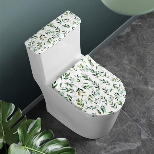 Toilet Tank Lid Cover Replacement with Elastic Edge Easy to Clean Toilet Covers 2 Pieces Set Universal Fit Toilet Top Cover Home Bathroom Decoration, Green Butterfly Leaf - color: Green Butterfly Leaf
