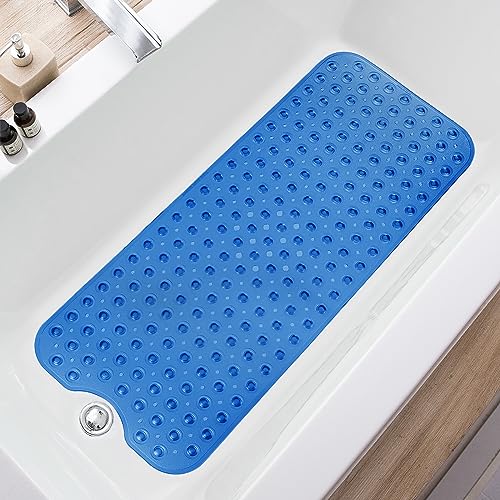 TEESHLY Bathtub Mats for Shower Tub, Extra Long Non-Slip 39 x 16 Inch Bath Mat with Drain Holes and Suction Cups, BathMat for Bathroom with Machine Washable (Clear Blue) - color: Clear Blue