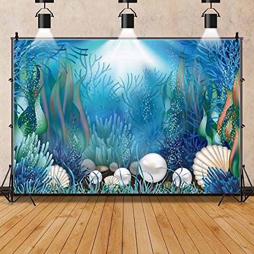 AOFOTO 10x6.5ft Fairytale Undersea Pearl Shell Backdrop Deep Sea Plants Coral Pearl Mussels Underwater Mermaid's Shelter Background for Photography Happy Birthday Party Banner Baby Shower Photo Booth - size: 10x6.5ft