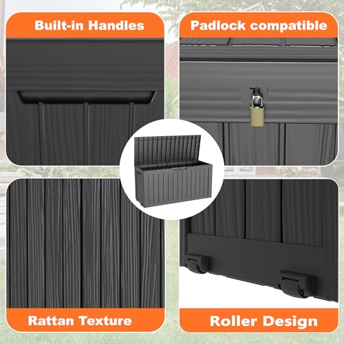 PatioZen 75 Gallon Resin Deck Box, Lockable Patio Outdoor Storage Box for Furniture, Garden Tools and Tools Storage, Waterproof Outside Storage Boxes - Black - color: Black, size: 75 Gallon