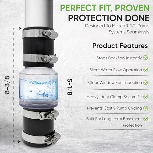 Silent Check Valve - 1-1/2" with Buna-N Couplings, Model CV-150, Spring-Loaded Flapper, Sump Pump Life Expectancy Increase, Includes Steel Clamps Fit 1-1/2″ Pipe