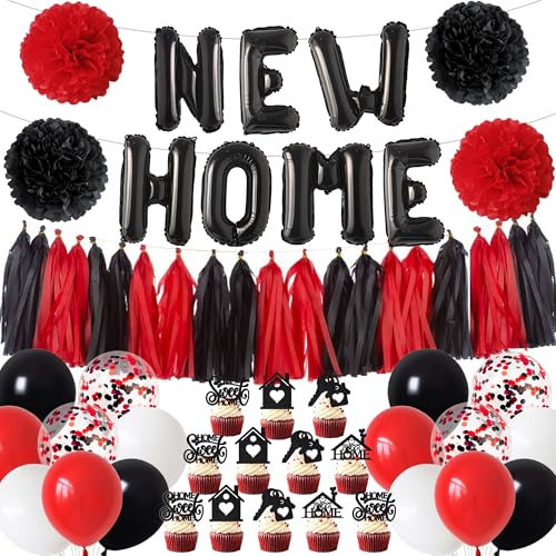 New Home Housewarming Party Decorations - Black Red Boho Welcome Home Decor Kit with Balloons Cupcake Toppers, Tassels House Warming Gifts for New Home Celebration - color: Black Red