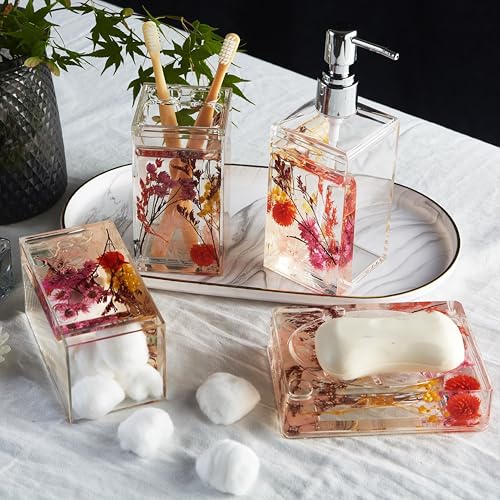 Locco Decor 4 Piece Acrylic Liquid 4D Floating Motion Bathroom Vanity Accessory Set Garden Botanic Pink Plants Toothbrush Holder, Tumbler, Soap Dispenser, Soap Dish - size: 4-piece, style: Pink Plant