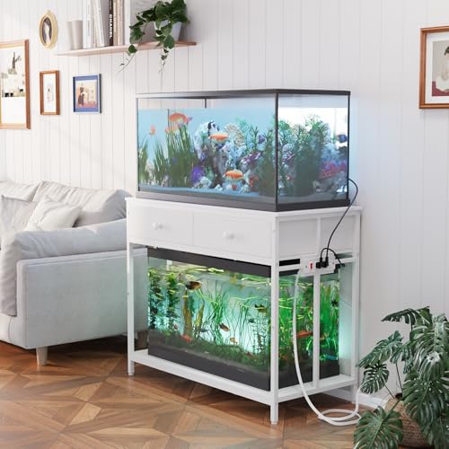 VOWNER 40 Gallon Aquarium Stand with Power Outlet, Metal Frame Fish Tank Stand with Cabinet Storage, Double Turtle Reptile Terrariums Tank Stand, 39.4" L*18.9" W Tabletop, 660LBS Capacity, White - color: White