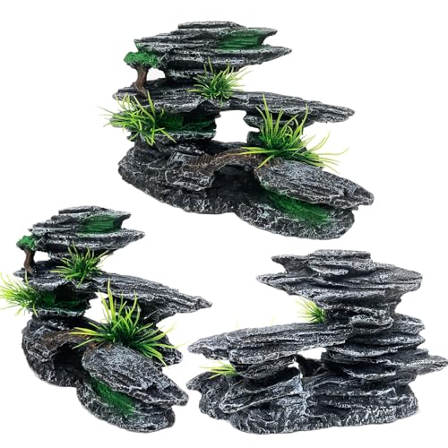 Aquarium Mountain View Stone Ornament Tree Rock Cave Aquarium Decorations for Fish Tank Decorations for Small Fish Tank - 7.5 Inches Long - color: Black Mountain View, size: Small - Mountain View