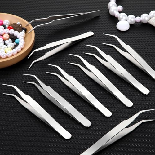 Honoson 9 Pieces Curved Pointed Craft Tweezers Stainless Steel Precision Tweezer with Protective Cover for Rhinestones Dried Flowers Craft Stickers Eyelash Extension Jewelry Making(Silver) - color: Silver