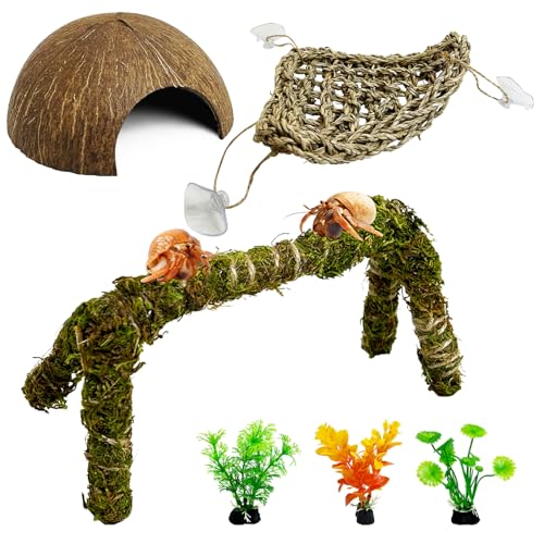 6 PCS Hermit Crab Accessories Small Bendable Moss Hermit Crab Climbing Toys Coconut Shell Hut Climbing Hammock with Suction Cup Plastic Plants for Reptile Amphibian - size: 4.72in