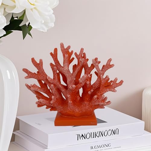 5.8" H Red Orange Coral Decor - Resin Coral Statue, Nautical Decor for Home, Bedroom, Bathroom, Living Room, Ocean Themed Cabinet Shelf Tabletop Decoration - color: Red Orange, size: 5.83"H