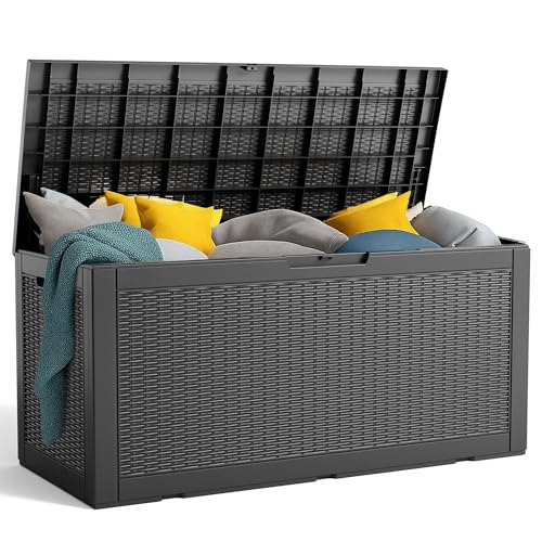 PatioZen 100 Gallon Resin Deck Box, Lockable Patio Outdoor Storage Box for Furniture, Garden Tools and Tools Storage, Waterproof Outside Storage Boxes - Black - color: Black, size: 100 Gallon