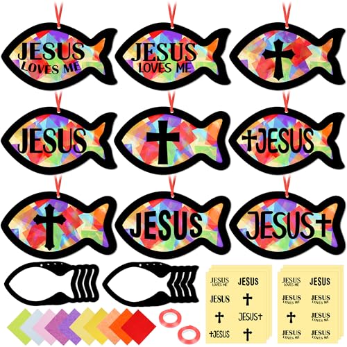 48PCS Sunday School VBS Crafts Bulk: Paper Jesus Fish Nativity Suncatchers, Religious Christian Activity DIY Kits Church Decorations, Window Stained Glass Effect Art Supplies - style: jesus fish