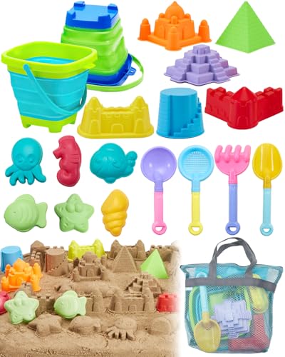 Beach Toys for Toddlers 1-3, Beach Toy Sand Toy for Kids Ages 4-8, 2 Collapsible Sand Bucket and Shovels, Mesh Bag, Sand Castle Animal Molds Sets, Travel Sandbox Toys for Toddlers Kids Age 3-10 - style: 2 Beach Buckets Set
