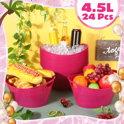 Norme 24 Pcs Oval Storage Tub with Handles, 4.5l Plastic Ice Buckets Bulk for Wine Beer Champagne Drink Cooler Beverage Storage Tub for Parties BBQ Weddings Party Outdoor Celebration(Rose Red) - color: Rose Red