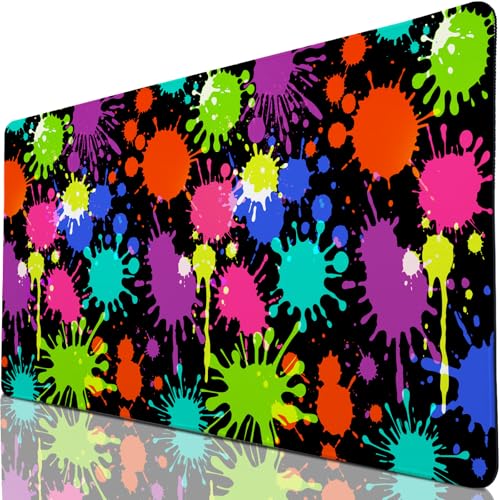 Desk Mat, Desk Matt for Desktop, Neon Paint Splatter XXL Large Gaming Mouse Pad with Non-Slip Rubber Base Stitched Edges Waterproof Keyboard Desk Pad for PC Gaming, Laptop, Computer, Work, Office - color: Pigment Paint Splashes, size: 31.5" x 15.7"