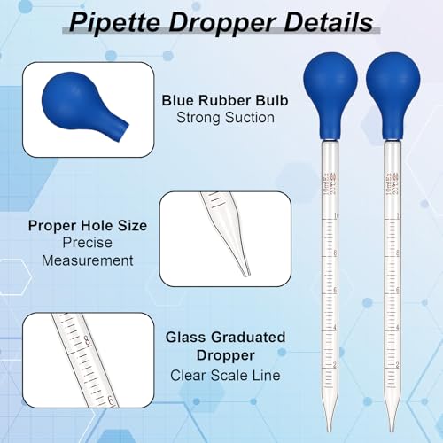 TIESOME Glass Pipette, 3 Pcs Graduated Glasses Liquid Dropper with Cleaning Brush, Lab Glass Transfer Pipette for Essential Oils, Eye Drops & Liquid Transfer, Blue & Red (3pcs: 10ml Blue, 3ml Red)