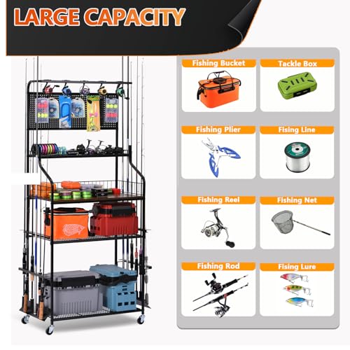 Heavy Duty Fishing Rod Rack, Fishing Organizer for Garage, Fishing Gear Holder for Garage with Movable Wheels - size: 15 Rods & Upgraded Pegboard