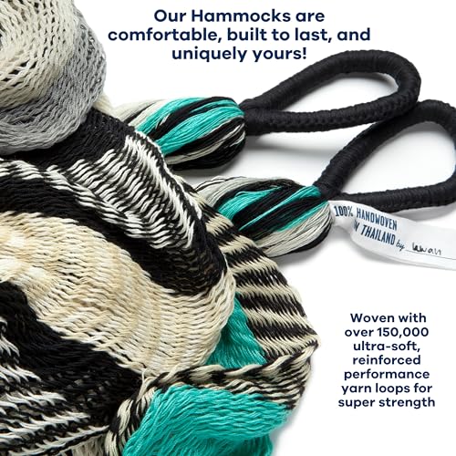 Handwoven Hammock by Yellow Leaf Hammocks - Family Size, Fits 2+ PPL, 550lb max - Weathersafe, Super Strong, Easy to Hang, Ultra Soft, Artisan Made - Color: Turquoise - Black -White - color: Zanzibar- Turquoise, Black and White, size: Fits 1-2+ People (55