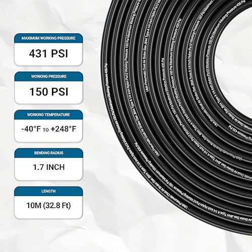 Utah Pneumatic 1/4" Air Line Tubing, 32.8ft Nylon Pa12 Hose, Dot Approved For Truck, Trailer & Industrial Use, High Pressure Flexible Pneumatic Line (black) - color: Black, size: 1/4" x 32.8 Feet